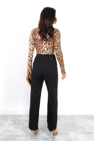 Feline Like Partying - Black Beige Sequin Leopard Jumpsuit