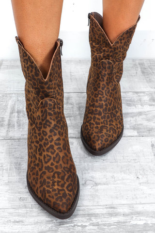 Fierce Stride - Beige Leopard Print Cowboy Boots