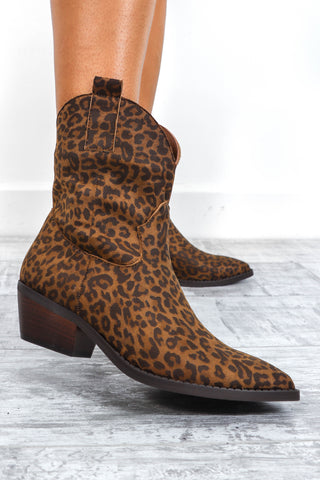 Fierce Stride - Beige Leopard Print Cowboy Boots