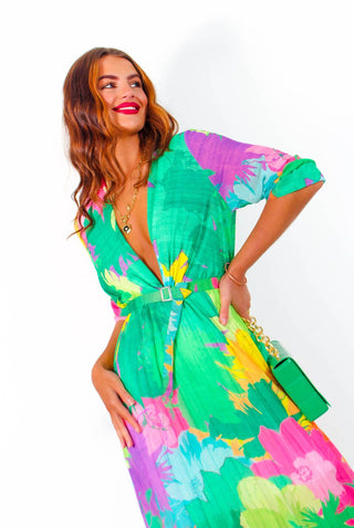 Flirty In Floral - Green Multi Pleated Midi Dress