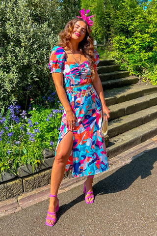 Floral Frenzy - Blue Multi Abstract Print Midi Dress