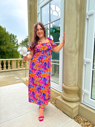 Floral For You - Pink Orange Floral Milkmaid Midi Dress