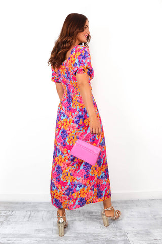 Floral For You - Pink Orange Floral Milkmaid Midi Dress