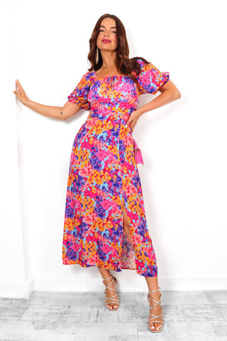 Floral For You - Pink Orange Floral Milkmaid Midi Dress