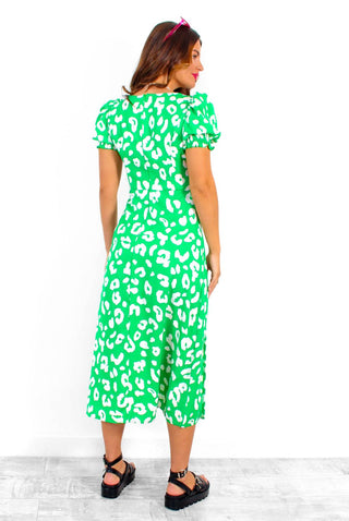 Floral Frenzy - Green Leopard Print Midi Dress