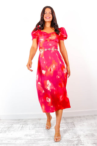 Floral Frenzy - Pink Orange Floral Print Midi Dress