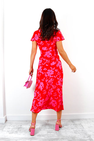 Floral To See - Red Pink Floral Print Midi Dress