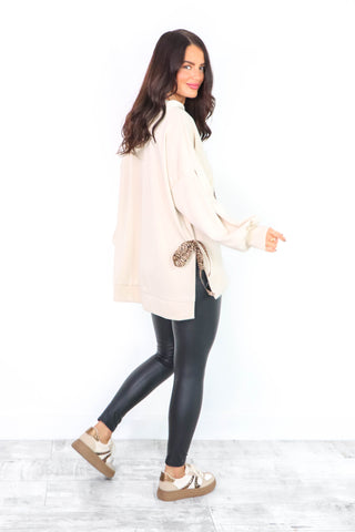 Can't Tie Her Down - Cream Leopard Tie Oversized Hoodie