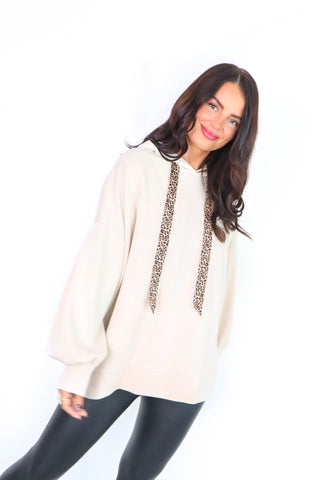 Can't Tie Her Down - Cream Leopard Tie Oversized Hoodie