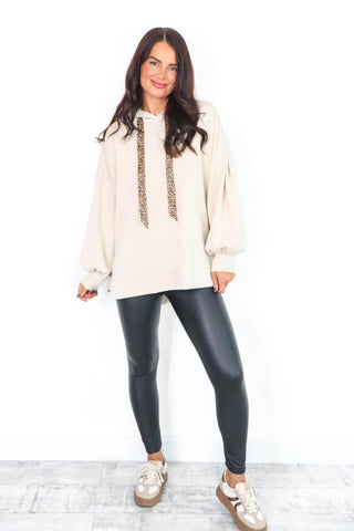 Can't Tie Her Down - Cream Leopard Tie Oversized Hoodie