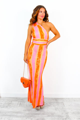 Focus On Me - Orange Pink Stripe One Shoulder Maxi Dress