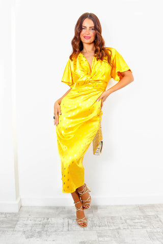 Forget Me Knot - Mustard Gold Foil Midi Dress
