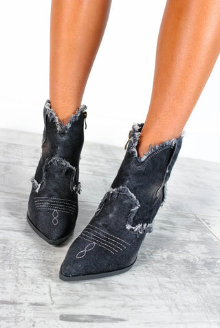 Fray Queen - Black Denim Distressed Cowboy Boots