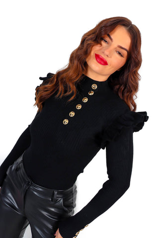 Frill Power - Black Gold Button Ribbed Knitted Top