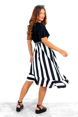 Frilled About Life - Black White Striped Midi Wrap Dress