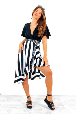 Frilled About Life - Black White Striped Midi Wrap Dress