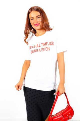 Full Time B - White Red Graphic Slogan T-Shirt