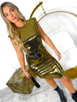 Golden Hour - Gold Metallic Shoulder Pad Midi Dress