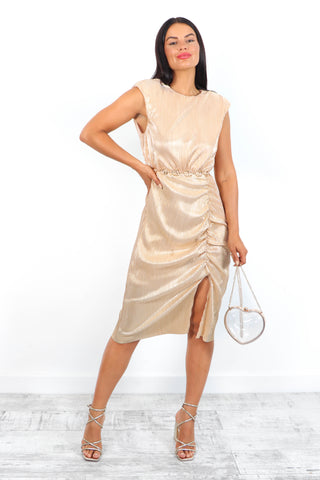 Gathered Girl - Gold Plisse Midi Dress