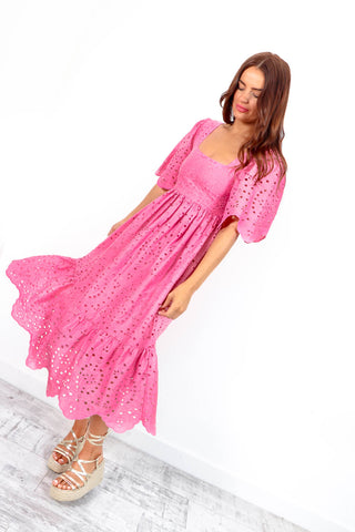 Girl Next Door - Pink Embroidery Anglaise Midi Dress