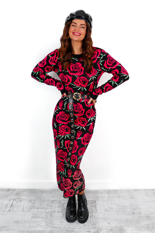 Give Me Roses - Black Red Rose Print Knitted Midi Dress