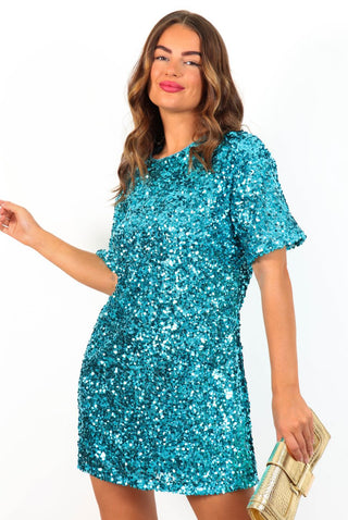 Glow Get It - Blue Sequin Mini T-Shirt Dress