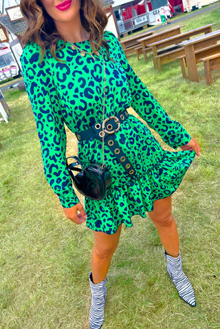 Good Vibes Only - Green Leopard Print Mini Dress