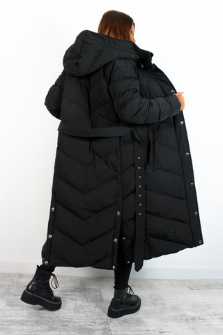 Good As Cold - Black Silver Detail Long Puffer Coat