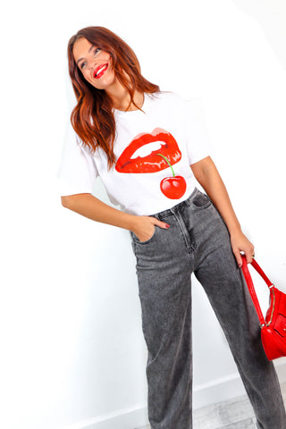 Good Enough To Eat - White Red Lips Cherry Print T-Shirt