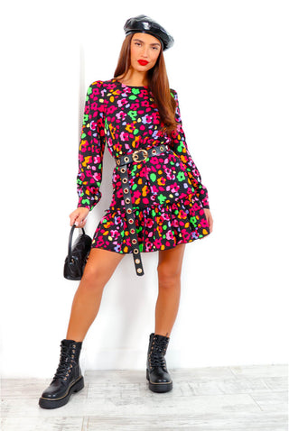 Good Vibes Only - Black Multi Abstract Floral Mini Dress