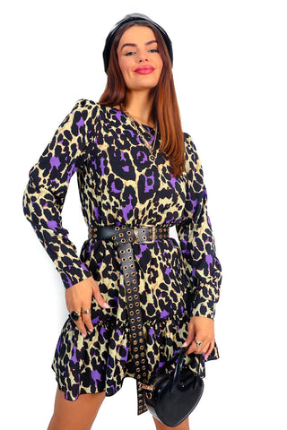 Good Vibes Only - Lemon Purple Leopard Mini Dress