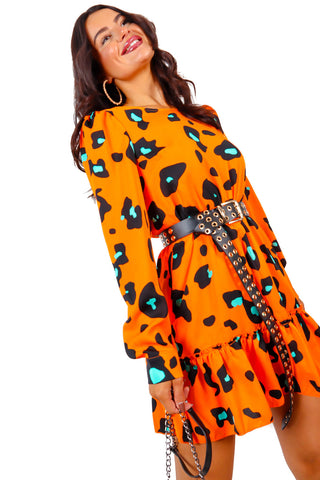 Good Vibes Only - Orange Green Leopard Mini Dress