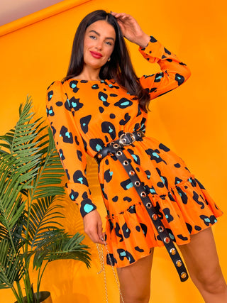 Good Vibes Only - Orange Green Leopard Mini Dress