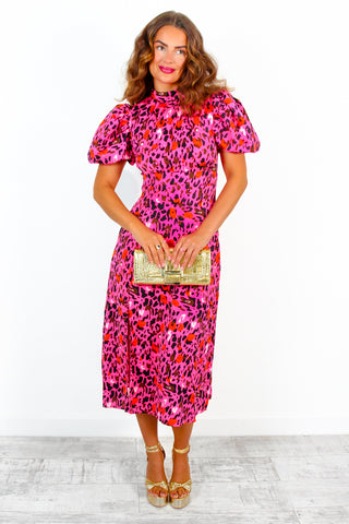 Got The Flower - Fuchsia Orange Leopard Print Midi Dress