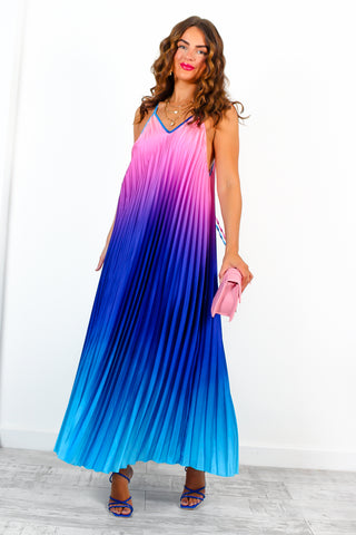 Gotta Let Go - Blue Pink Ombre Pleated Satin Maxi Dress