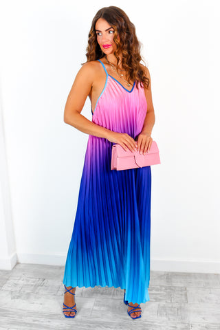 Gotta Let Go - Blue Pink Ombre Pleated Satin Maxi Dress