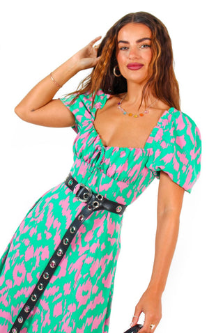 Happier Than Ever - Green Pink Animal Print Milkmaid Maxi Dress