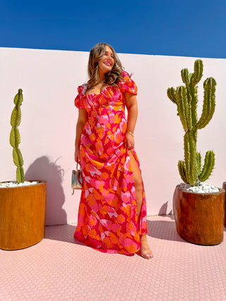 Happier Than Ever - Pink Orange Abstract Print Milkmaid Maxi Dress