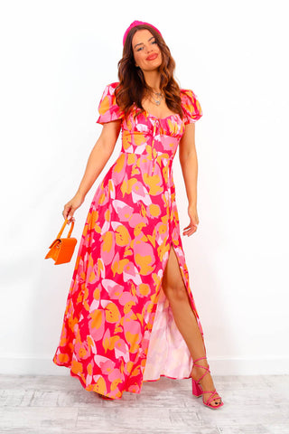 Happier Than Ever - Pink Orange Abstract Print Milkmaid Maxi Dress