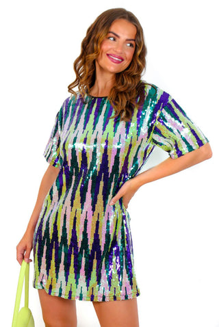 Hide and Sequin - Purple Green Zig Zag Mini Dress