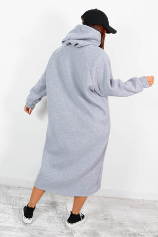 Hood To See You - Grey Graphic Midi Hoodie Dress