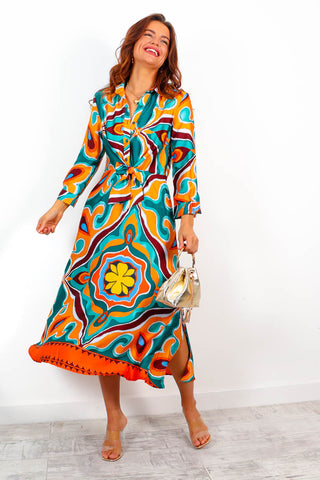 Hottie With Ambition - Orange Green Abstract Print Shirt Dress