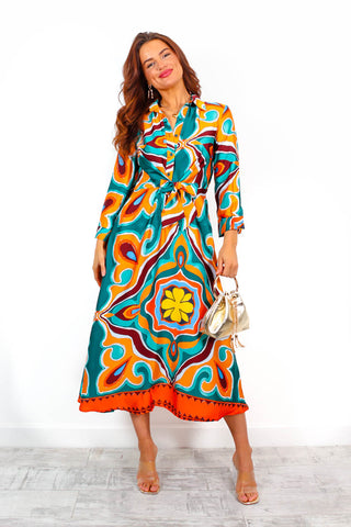 Hottie With Ambition - Orange Green Abstract Print Shirt Dress
