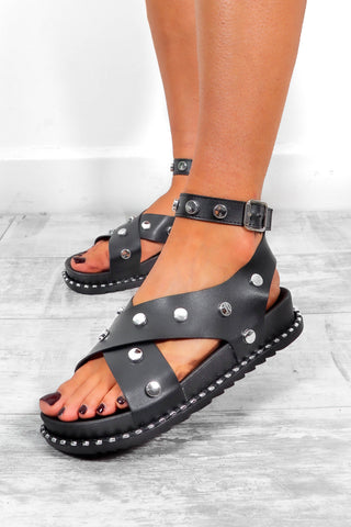 Stud Him Up - Black Silver Studded Faux Leather Sandals
