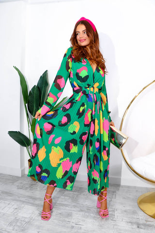 The Pleat Is On - Forest Neon Leopard Pleated Jumpsuit