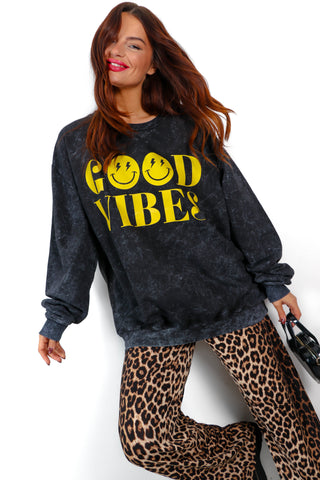 Those Good Vibes - Acid Wash Yellow Graphic Sweatshirt
