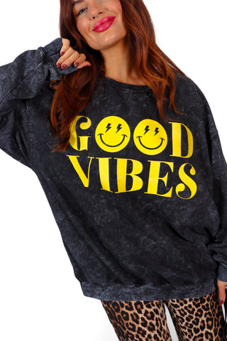 Those Good Vibes - Acid Wash Yellow Graphic Sweatshirt
