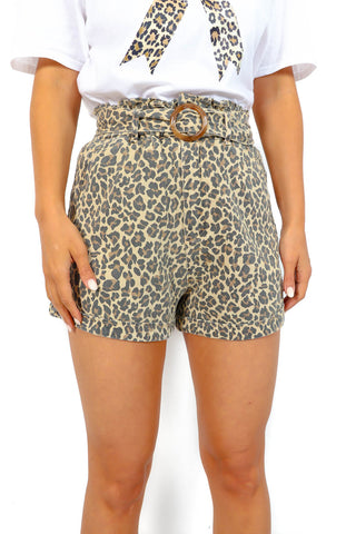 Leopard To Please - Leopard Paper Bag Waist Belted Denim Shorts