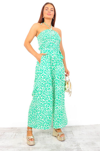 Shirred Madness - Green Leopard Shirred Jumpsuit
