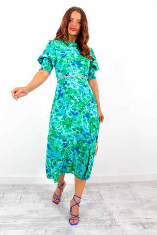 Cuff it Up - Green Blue Floral Midi Dress